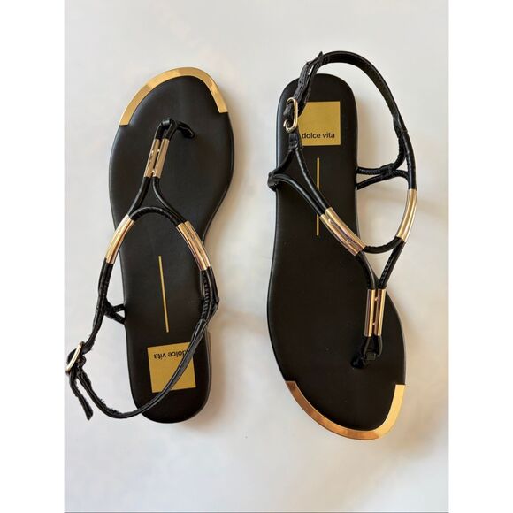 Dolce Vita Marley Black & Gold T-Strap Flat Sandals Size 8 - Picture 11 of 12